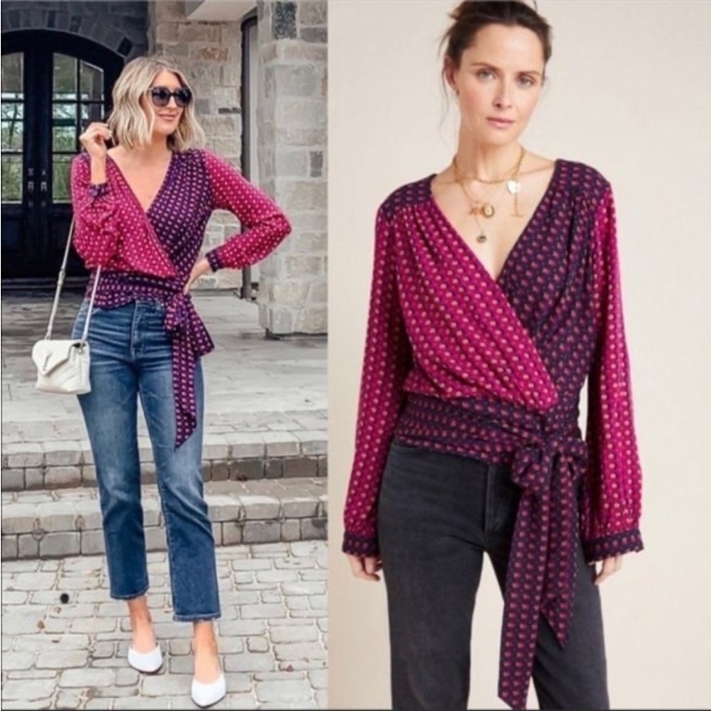 Anthropologie Maeve Lisa Puff Sleeve Boho Waist Tie Wrap Blouse NWT Size 0